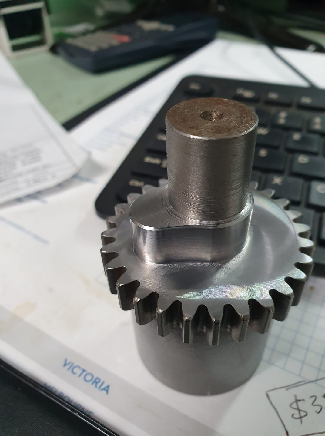 Component clamped on a vertical machining centre